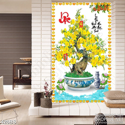 Tranh chậu bonsai phong thủy dán tường mai vàng phát tài phát lộc