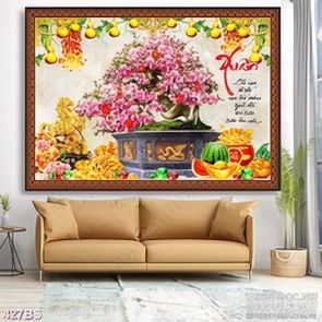 Tranh bonsai decor chậu hoa đào nở rộ bên chữ xuân treo tường