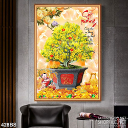 Tranh chậu bonsai dán tường mai vàng bên chữ cát tường in psd