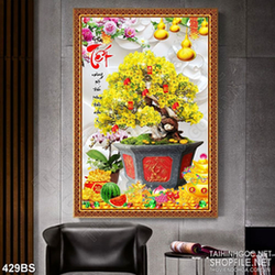 Tranh chậu bonsai mai vàng khoe sắc bên chữ thư pháp tết in lụa