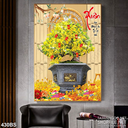 Tranh chậu bonsai nghệ thuật in 8d mai vàng du xuân đầu năm