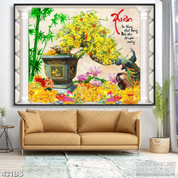 Tranh chậu bonsai mai vàng bên chim công giả ngọc wall 3d