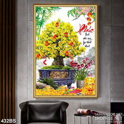 Tranh chậu bonsai psd mai vàng nở rộ bên chữ phúc treo tường