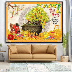 Tranh chậu bonsai mai vàng thịnh vượng đón tết in uv treo tường