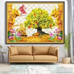 Tranh chậu bonsai dán tường trang trí mai vàng chúc phúc đón tết