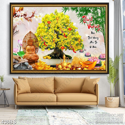 Tranh chậu bonsai mai vàng bên tượng Phật Di Lặc in gạch men
