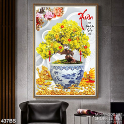 Tranh chậu bonsai phong thủy mai vàng khoe sắc đón xuân sang