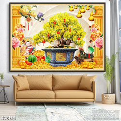 Tranh chậu bonsai decor mai vàng và tiểu linh đồng dán tường