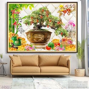 Tranh chậu bonsai dán tường đón xuân bên núi kim tiền in lụa