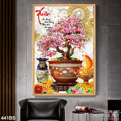 Tranh chậu bonsai hoa đào đón xuân nghệ thuật in 8d treo tường