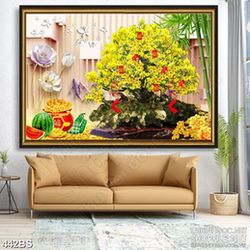 Tranh chậu bonsai wall 3d mai vàng khoe sắc bên hoa kim tiền