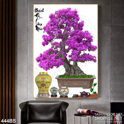 Tranh chậu bonsai hoa giấy màu tím mộng mơ 3d dán tường