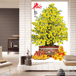 Tranh chậu bonsai mai vàng hồng phúc khoe sắc chúc tết in uv