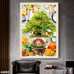 Tranh chậu bonsai treo tường cây khế treo lồng đèn đỏ trang trí