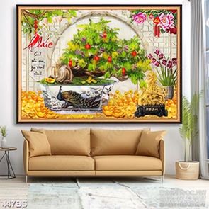 Tranh chậu bonsai cây khế bên chim công in gạch men đón tết