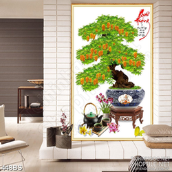 Tranh chậu bonsai dán tường cây khê ra trái vàng phong thủy