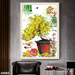 Tranh chậu bonsai decor mai vàng bên hồ cá chép 5d treo tường