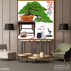 Tranh chậu bonsai bên câu đối thư pháp về tình phụ mẫu psd