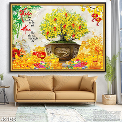 Tranh chậu bonsai mai vàng khoe sắc bên núi kim tiền in lụa