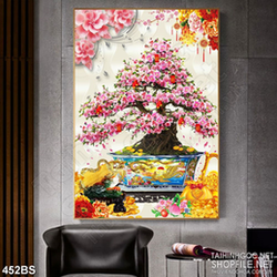 Tranh chậu bonsai nghệ thuật dán tường hoa đào khoe sắc đón tết