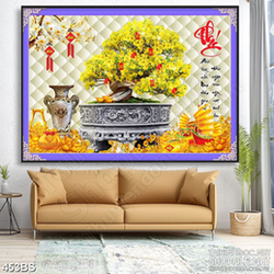 Tranh chậu bonsai wall 3d mai vàng nở rộ chúc phúc treo tường