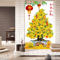 Tranh chậu bonsai mai vàng mừng xuân vinh hoa phú quý in psd