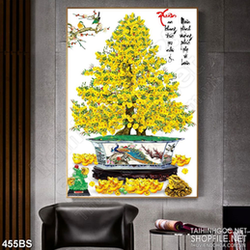 Tranh chậu bonsai 3d mai vàng chúc xuân an khang đón tết