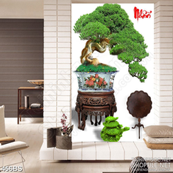 Tranh chậu bonsai nghệ thuật bên chữ Nhẫn thư pháp in uv