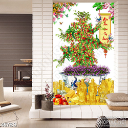 Tranh chậu bonsai trang trí câu may đầu năm sung túc dán tường