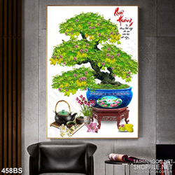 Tranh chậu bonsai in gạch men cây khế trổ hoa tím mừng xuân