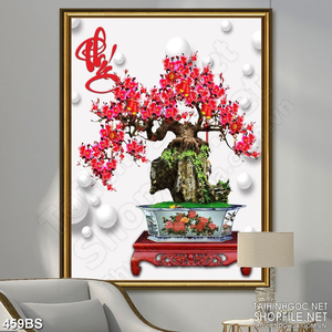 Tranh chậu bonsai hoa đào bên chữ phúc phong thủy sán tường Tranh chậu bonsai hoa đào bên chữ phúc phong thủy sán tường