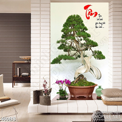 Tranh chậu bonsai decor bên chữ Tân mừng xuân thư pháp in 5d
