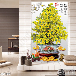 Tranh chậu bonsai in psd mai vàng khoe sắc bên chữ xuân đón tết