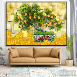 Tranh chậu bonsai cây quất sai trái vàng đón xuân in lụa dán tương