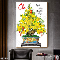 Tranh chậu bonsai mai vàng nở rộ bên chữ thư pháp Cha Mẹ