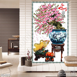 Tranh chậu bonsai wall 3d hoa đào khoe sắc an khang treo tường