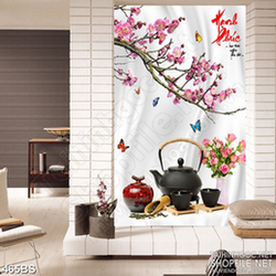 Tranh chậu bonsai in psd hoa đào bên ấm trà  trên bàn gỗ