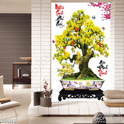 Tranh chậu bonsai 3d treo tường mai vàng bên thư pháp gia đình