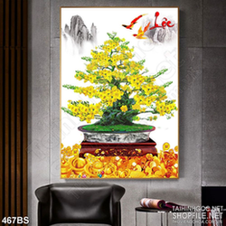 Tranh chậu bonsai in uv mai vàng bên núi kim tiền đón tết