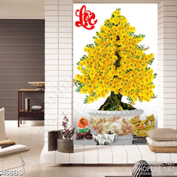 Tranh chậu bonsai trang trí mai vàng bên chữ Lộc thư pháp