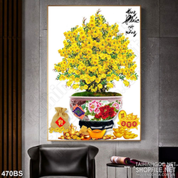 Tranh chậu bonsai phong thủy mai vàng hồng phát cát tường