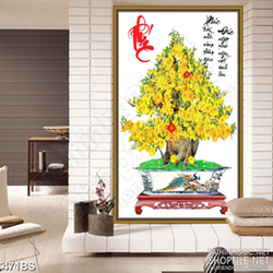 Tranh chậu bonsai decor mai vàng nở rộ bên thư pháp phúc đức