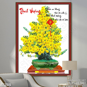 Tranh chậu bonsai psd mai vàng đón tết thịnh vượng treo tường