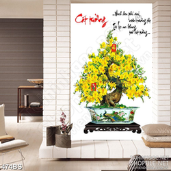 Tranh chậu bonsai nghệ thuật mai vàng cát tường dán tường