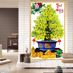 Tranh chậu bonsai in canvas mai vàng khoe sắc bên tượng thần tài