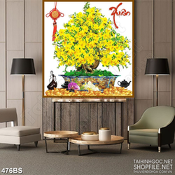 Tranh chậu bonsai psd mai vàng đón xuân bên ấm trà dán tường