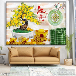 Tranh chậu bonsai in 5d mái vàng bên bánh chưng xanh đón tết