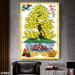 Tranh chậu bonsai mai vàng bên thư pháp hạnh phúc in nghệ thuật