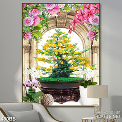 Tranh chậu bonsai mai vàng và hoa phong lan khoe sắc trang trí