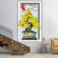 Tranh chậu bonsai treo tường wall 3d mai vàng bên chữ Phúc